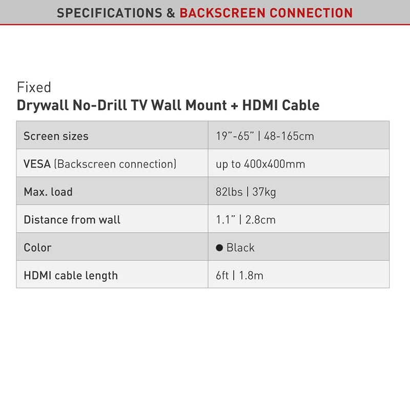 Barkan TV Wall Mount, 19-65 inch Fixed, Drywall No Stud No Drill Screen Bracket, Holds up to 80lbs, Auto Lock Patented, Fits LED OLED LCD, Including 6 ft 4K HDMI Cable - Image 5